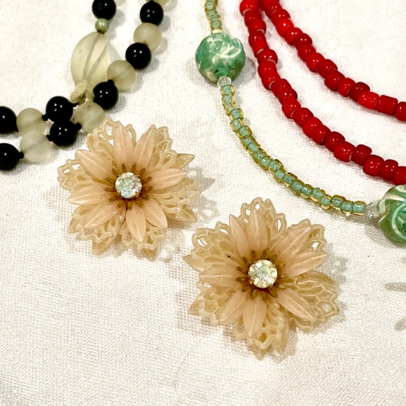 Vintage Coro Austrian Crystal Art Glass Flower Earrings Bead Necklace Lot Retro - Picture 3 of 4